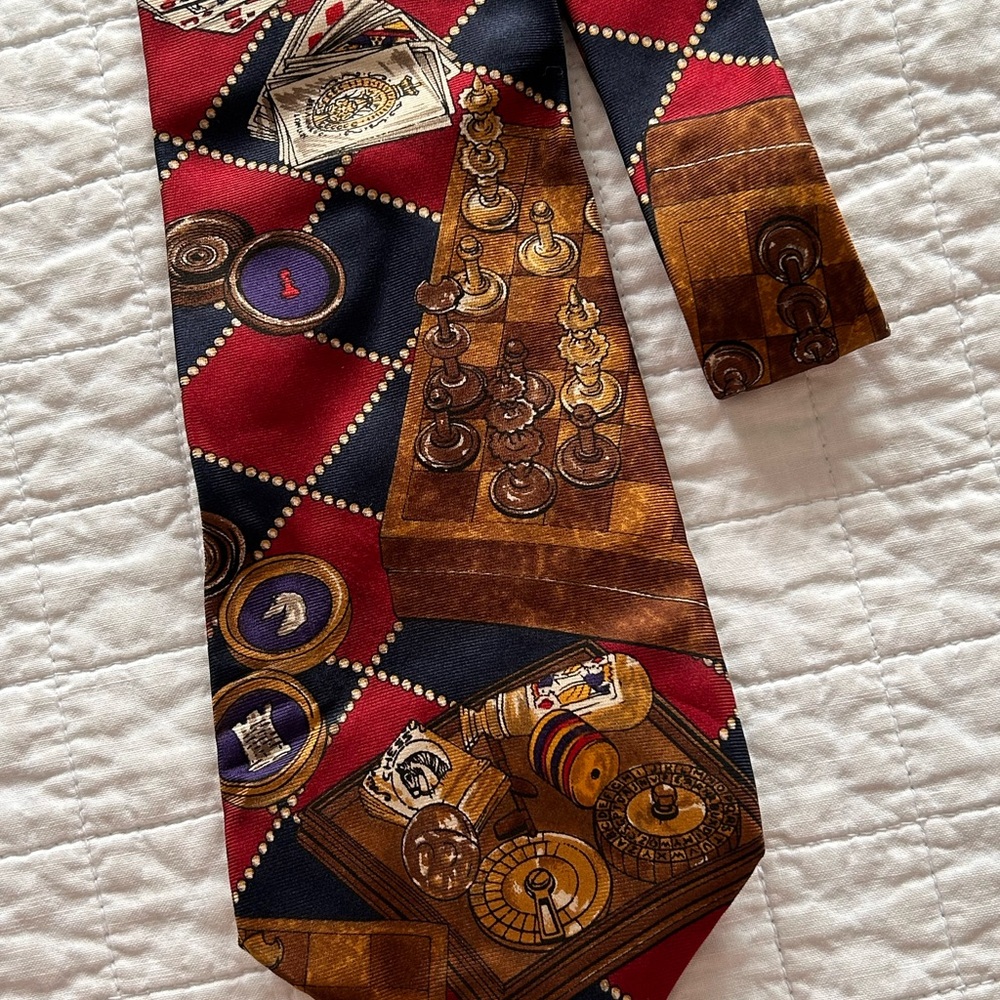 Halston Vintage Classic Men's Game-Themed Silk Tie in Red, Navy & Brown
